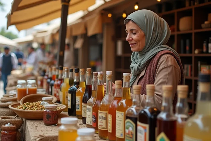 Femme en hijab choisissant parmi différentes bouteilles de vinaigre dans un marché, question de la conformité halal des vinaigres d'alcool