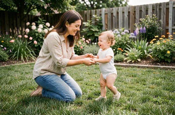 Mère encourageant son bébé à marcher dans un jardin verdoyant, tenant les mains de l'enfant avec bienveillance