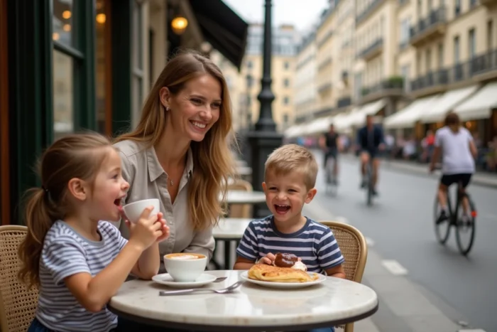 Mère et enfants savourant des crêpes en terrasse dans un café parisien typique, moment de bonheur en famille à Paris