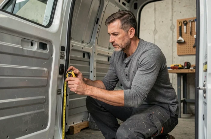 Menuisier mesurant les dimensions intérieures d'un Renault Trafic pour planifier un aménagement sur mesure
