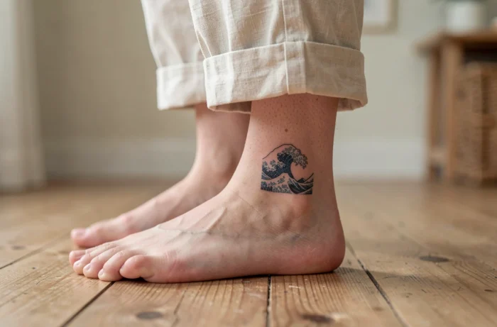 Micro-tatouage de la vague Hokusai en fine ligne noire sur la cheville d'une femme