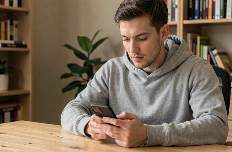 Jeune homme consultant son smartphone pour modifier son adresse mail sur Supercell ID depuis un bureau à domicile