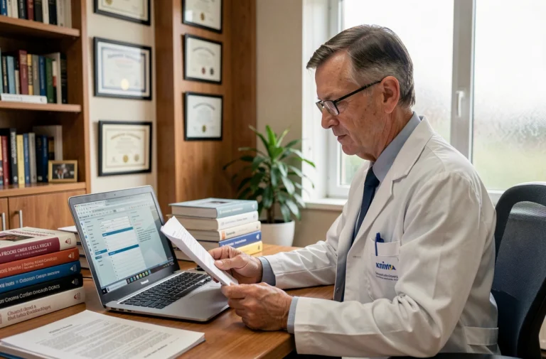 Neurologue examinant une ordonnance médicale pour le Sativex dans son cabinet