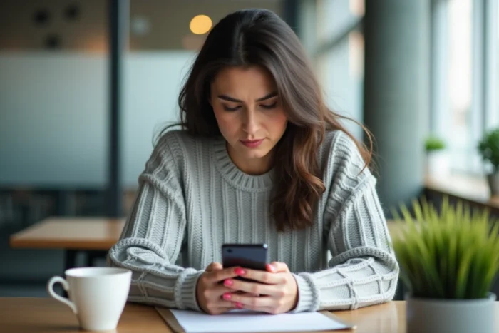 Femme lisant une notification de compte bloqué sur son smartphone dans un espace de coworking moderne