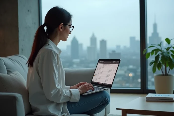 Femme optimisant les paramètres de serveurs eMule sur un ordinateur portable dans un salon moderne