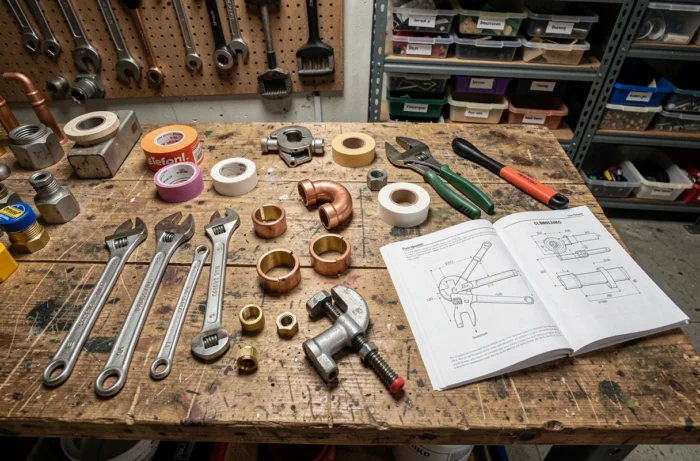 Outils et raccords de plomberie disposés sur un établi en bois dans un atelier de garage
