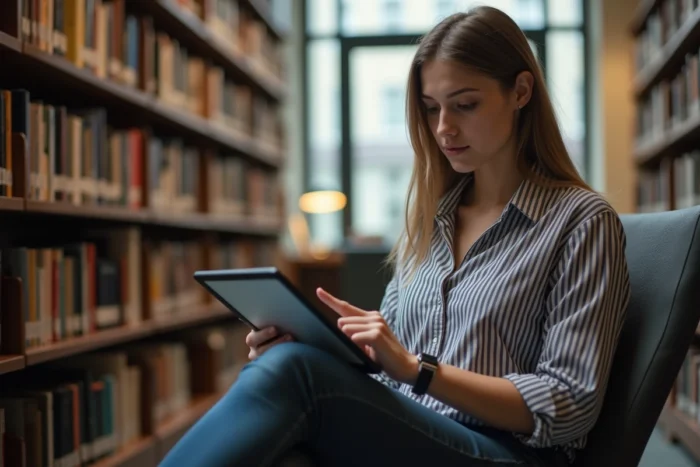 Jeune enseignante configurant les paramètres de sa boite mail académique sur une tablette dans une bibliothèque universitaire