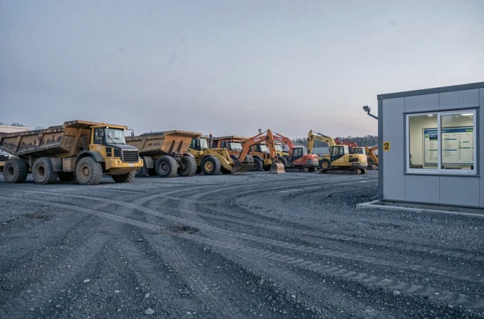Parc de véhicules BTP organisé dans un dépôt de chantier avec engins de terrassement et camions benne alignés