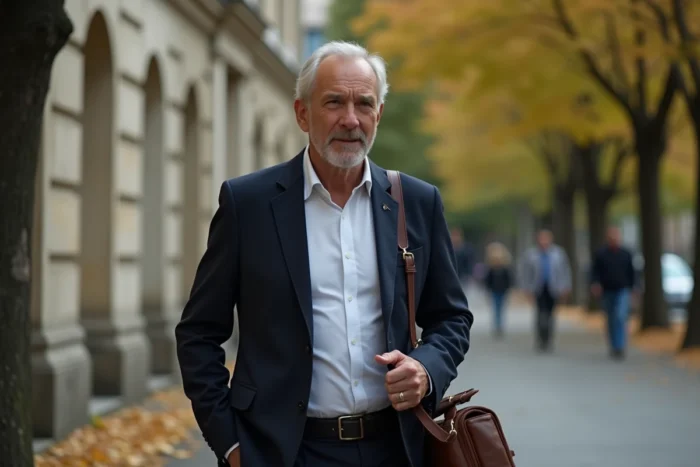 Homme élégant marchant dans une avenue provinciale française en automne, évoquant la vie discrète et le parcours personnel d'André-Louis Auzière