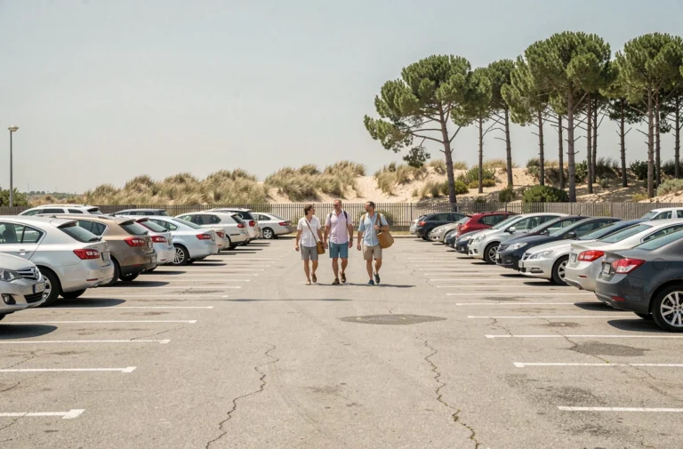 Parking gratuit près de la plage d'Arcachon avec des familles en vacances marchant vers l'entrée par une journée ensoleillée