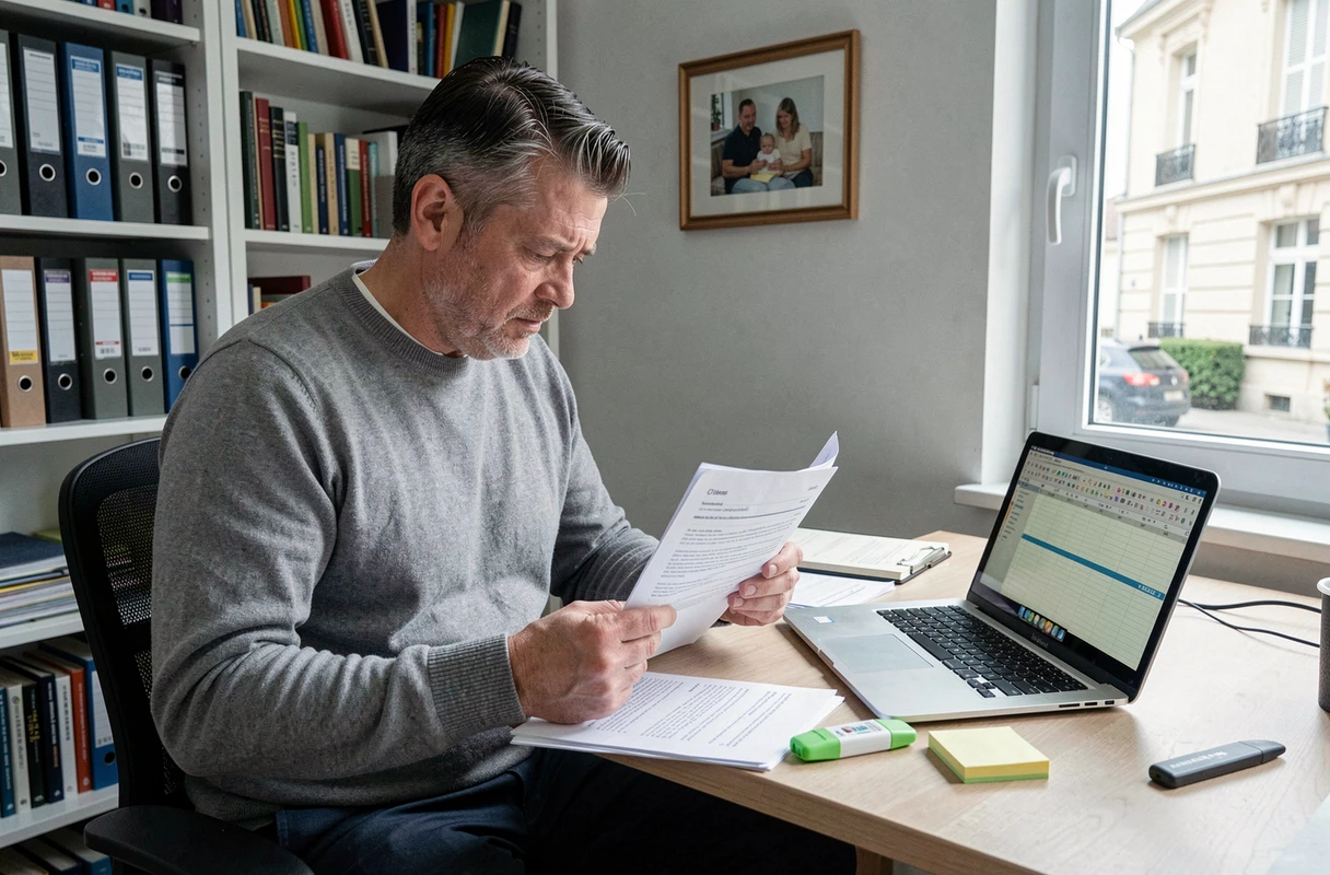 Homme consultant les documents tarifaires ADMR 2026 dans un bureau à domicile
