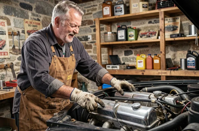 Passionné de voitures anciennes inspectant le moteur d'une Jaguar E-Type dans un atelier de restauration