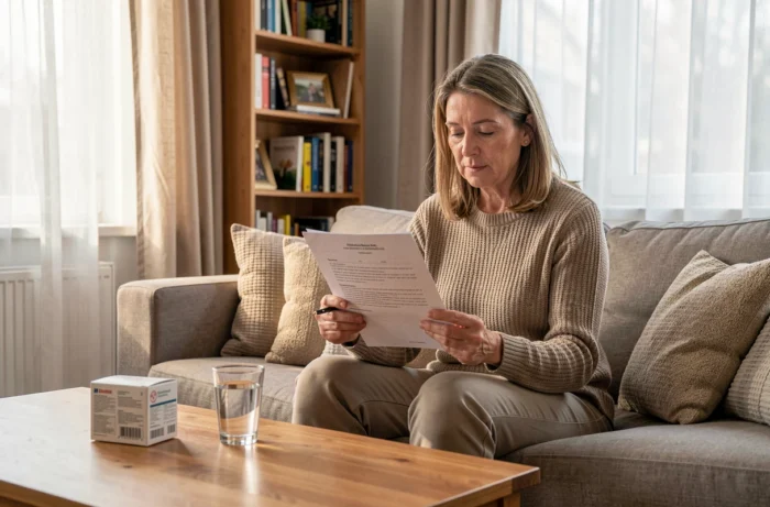 Patiente atteinte de sclérose en plaques consultant les démarches pour obtenir le Sativex à domicile