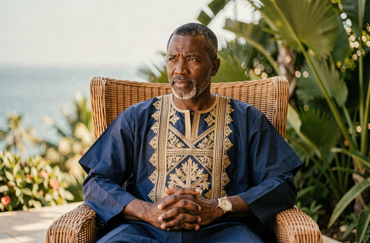 Homme africain distingué en boubou traditionnel brodé assis sur la terrasse d'une villa de luxe avec vue sur la mer