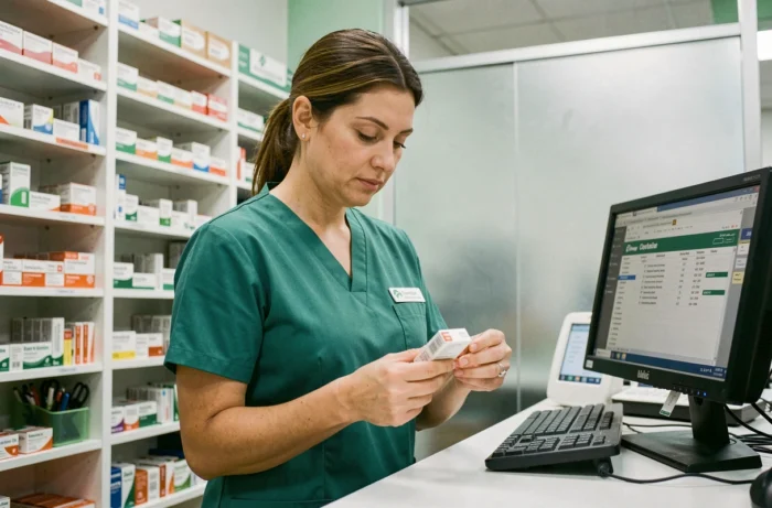 Pharmacienne remettant un médicament à base de cannabis médical au comptoir d'une pharmacie française