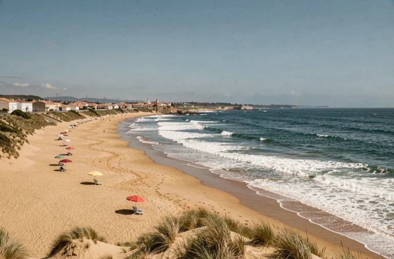 Vue panoramique des plages dorées d'Almada le long de la côte atlantique du Portugal