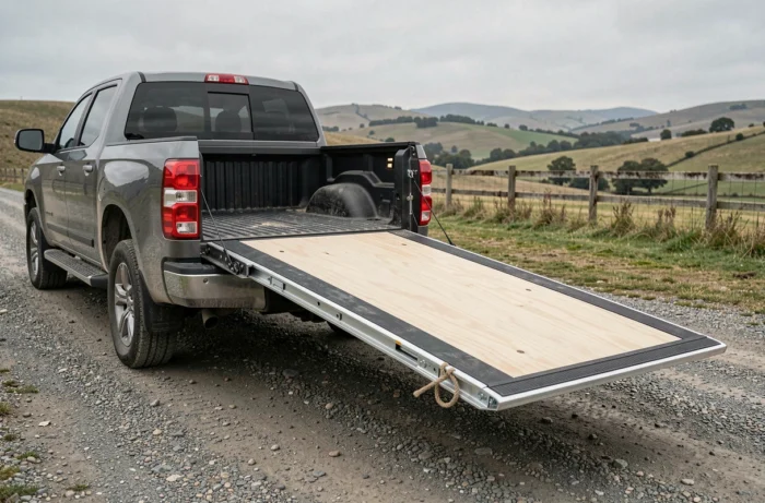 Plateau coulissant fait maison entièrement déployé depuis le bac d'un pick-up gris garé sur un chemin de gravier en campagne