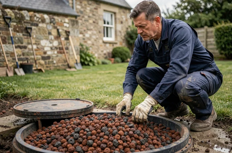 Plombier professionnel examinant une installation de fosse septique avec filtre en pouzzolane dans un jardin de maison rurale française