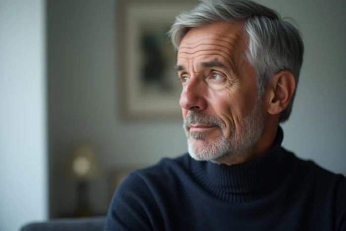 Portrait en gros plan d'un homme français d'âge mûr au regard introspectif, illustrant la personnalité réservée et les choix de vie d'André-Louis Auzière