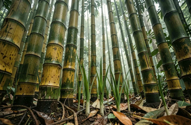 Jeunes pousses de bambou acérées émergeant du sol dans une forêt tropicale dense en Asie du Sud-Est, évoquant l'histoire des supplices ancestraux