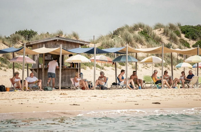 La plage animée de la Praia do CDS avec ses installations balnéaires traditionnelles et ses vacanciers décontractés