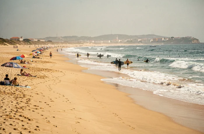 La grande plage de sable doré de la Praia da Costa da Caparica avec des surfeurs et des vacanciers au bord de l'Atlantique
