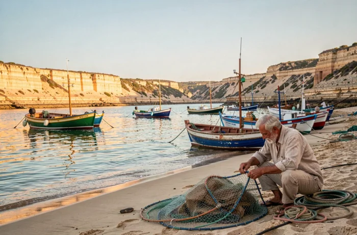 La plage paisible de la Praia da Rainha avec des barques de pêche colorées et un pêcheur local réparant ses filets