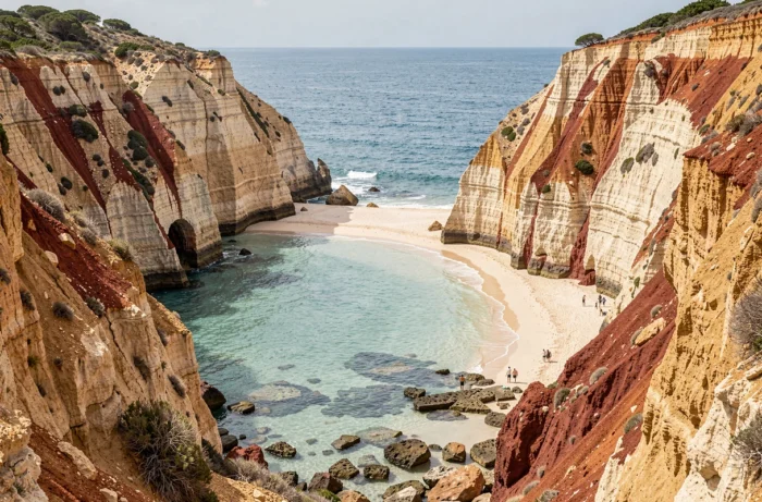 La crique isolée de la Praia do Dragão Vermelho encadrée de falaises ocre et rouge caracteristiques près d'Almada
