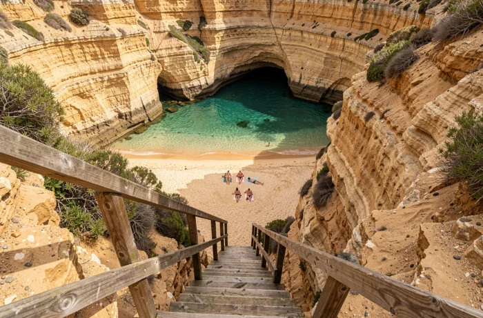 La crique cachée de la Praia das Fontainhas accessible par un escalier en bois au pied des falaises dorées d'Almada