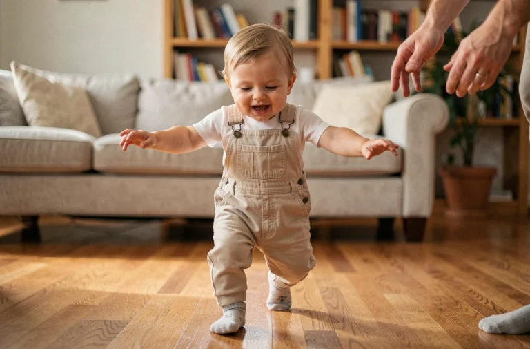 Bébé faisant ses premiers pas sur un parquet en bois dans un salon familial chaleureux, bras tendus pour l'équilibre