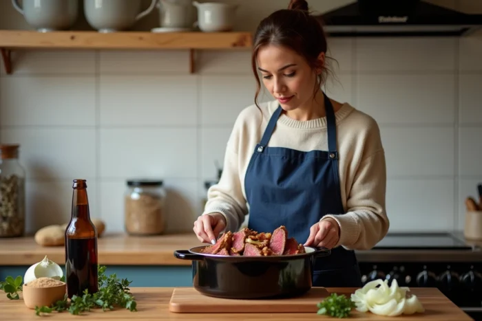 Femme préparant une carbonnade flamande ch'ti en ajoutant de la bière brune et des oignons caramélisés dans une cocotte en fonte émaillée