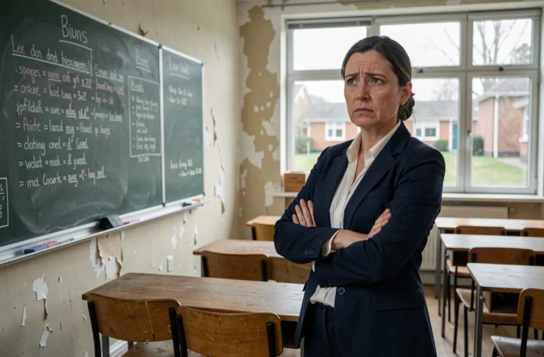 Professeure debout dans une salle de classe vide, exprimant une inquiétude face à l'avenir de sa carrière après la fin du pacte enseignant
