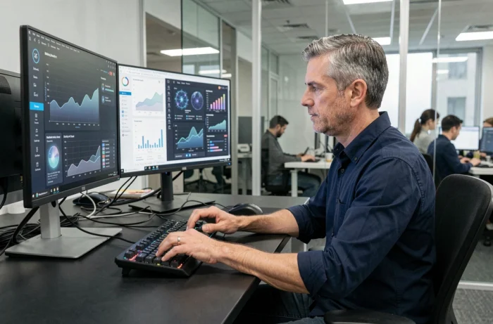 Homme travaillant sur plusieurs écrans affichant des interfaces d'intelligence artificielle dans un espace de coworking technologique