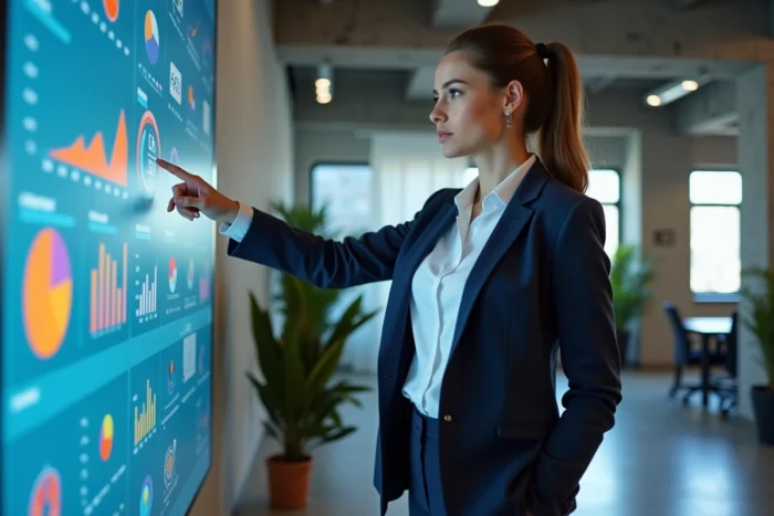 Professionnelle en marketing digital analysant des tableaux de bord analytiques sur un écran tactile dans un bureau moderne