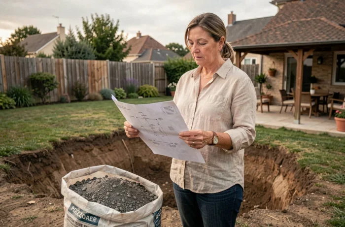 Propriétaire consultant un plan d'installation de fosse septique avec filtre à pouzzolane dans son jardin suburbain