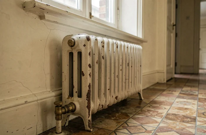 Détail d'un vieux radiateur en fonte avec valve de purge dans un couloir d'appartement bruxellois