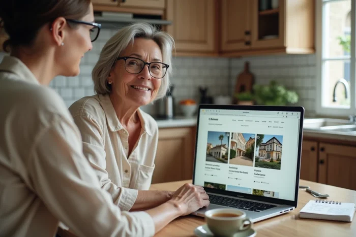 Femme recherchant une maison entre particuliers sur internet sans passer par une agence