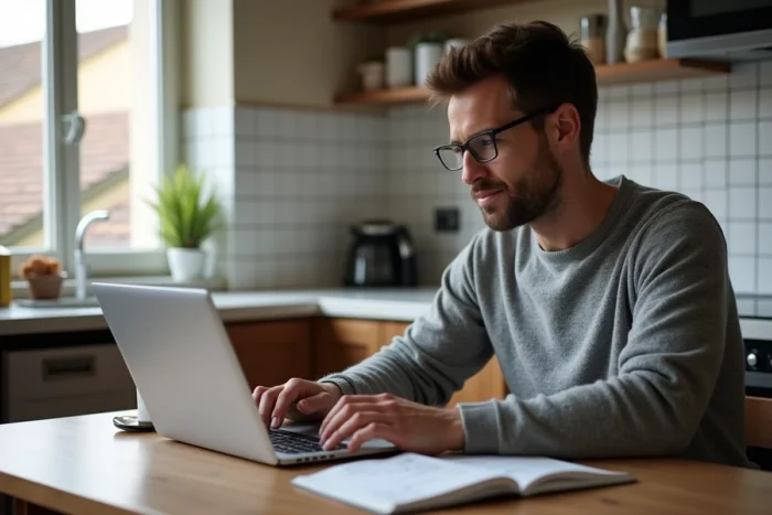 Homme comparant des programmes immobiliers neufs en ligne pour optimiser son budget d'achat en France