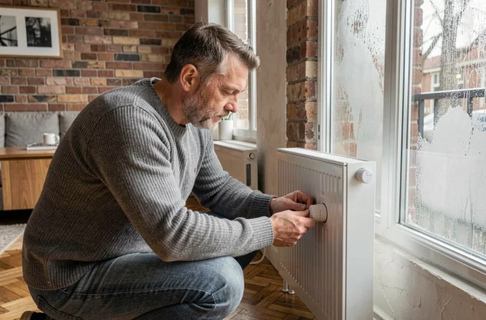 Homme réglant le thermostat d'un radiateur blanc dans un appartement bruxellois en hiver