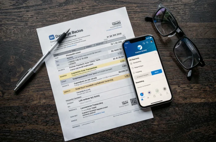 Vue aérienne d'un relevé bancaire avec un smartphone et des lunettes pour analyser un prélèvement imprimerie non reconnu