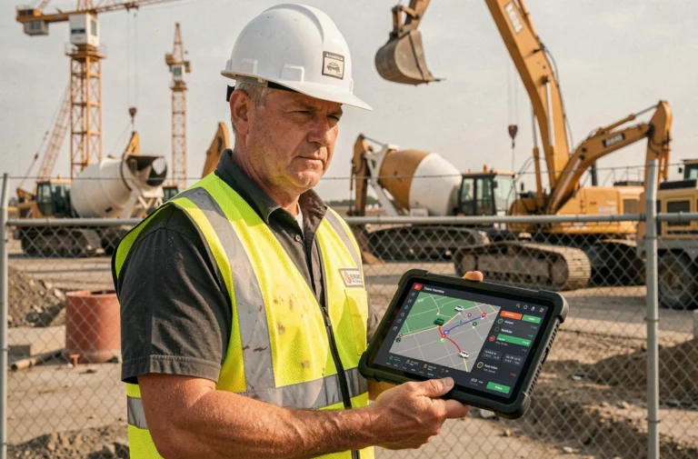 Responsable de flotte BTP consultant un tableau de bord de gestion sur tablette devant un chantier de construction actif