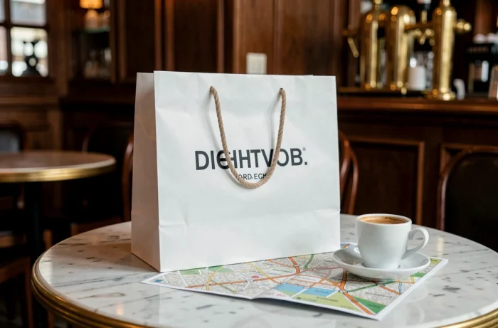 Sac shopping de marque de mode posé sur une table de café belge avec carte de la ville et expresso
