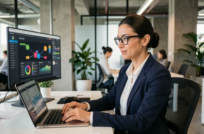 Femme professionnelle en entreprise gérant la sécurité des données sur un tableau de bord réseau