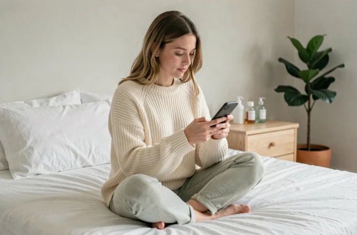 Jeune femme en pull beige faisant du shopping beauté en ligne sur smartphone dans une chambre minimaliste avec des produits de soin