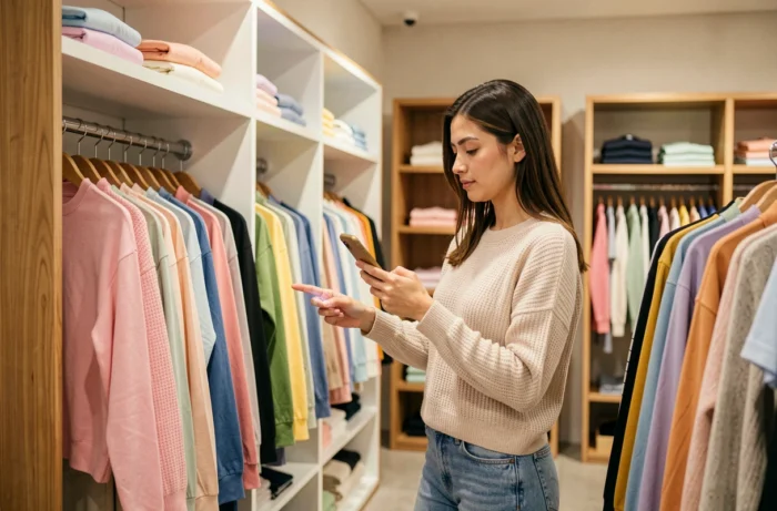 Jeune femme consultant son téléphone en faisant du shopping dans un magasin de vêtements moderne