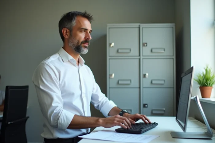 Homme en bureau administratif cherchant une solution à un compte refusé en consultant des documents officiels
