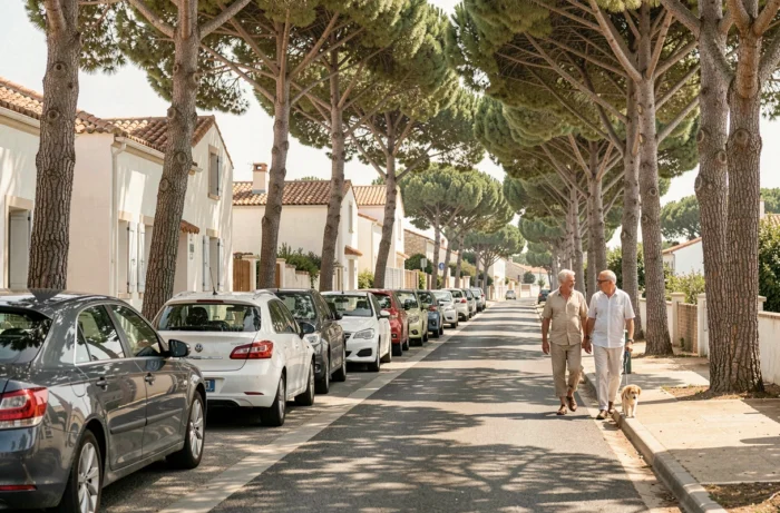 Rue résidentielle calme d'Arcachon avec des voitures garées gratuitement sous les pins et des villas traditionnelles en arrière-plan