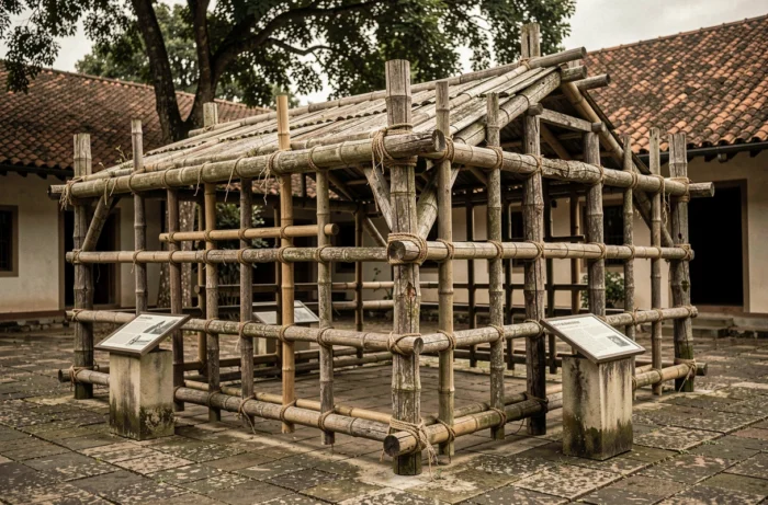 Structure historique reconstituée en bambou vieilli exposée dans un musée en plein air, témoignant des méthodes de torture anciennes documentées en Asie