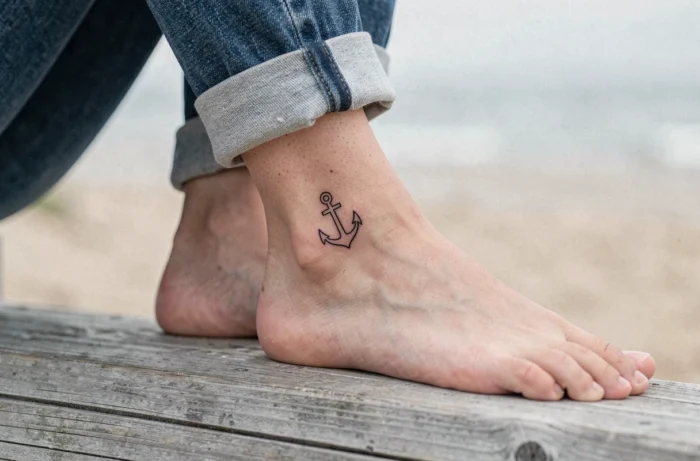 Tatouage ancre marine minimaliste en fine ligne noire sur la cheville d'une femme pieds nus sur bois flotté