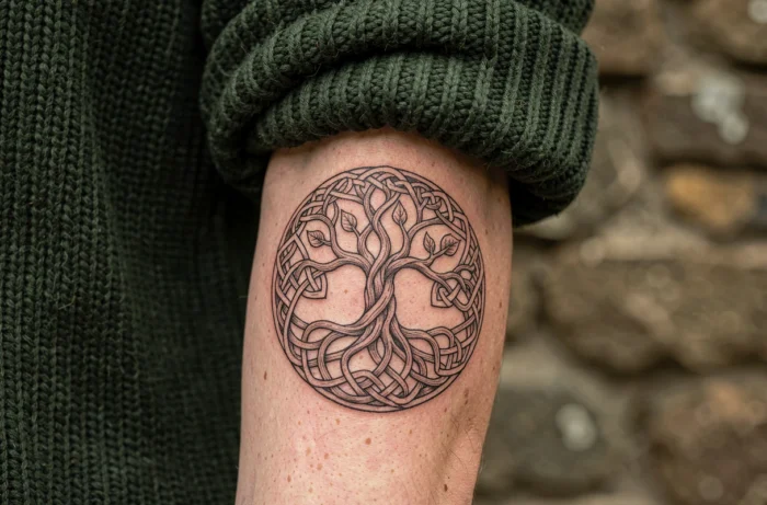 Tatouage arbre de vie celtique en fine ligne noire sur l'avant-bras d'une femme portant un pull vert forêt